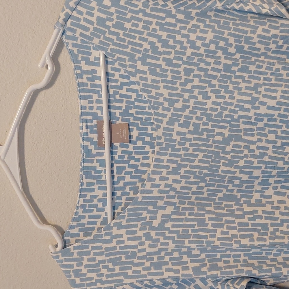 Chico's Touch of Cool Brick Geometric Ballet Elbow Tee. Soft Blue. - Picture 2 of 7